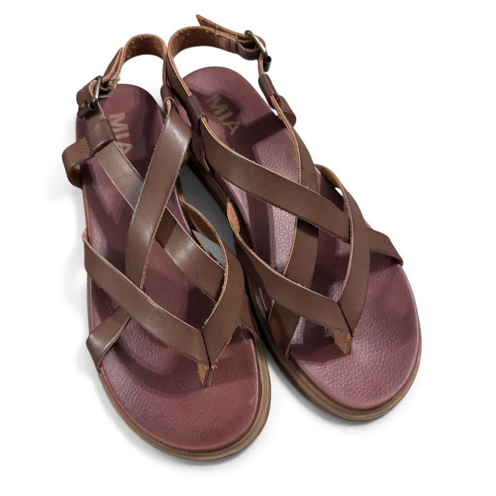 MIA Women's Brown Strappy Leather Sandals Ankle Buckle Comfort Casual 7.5